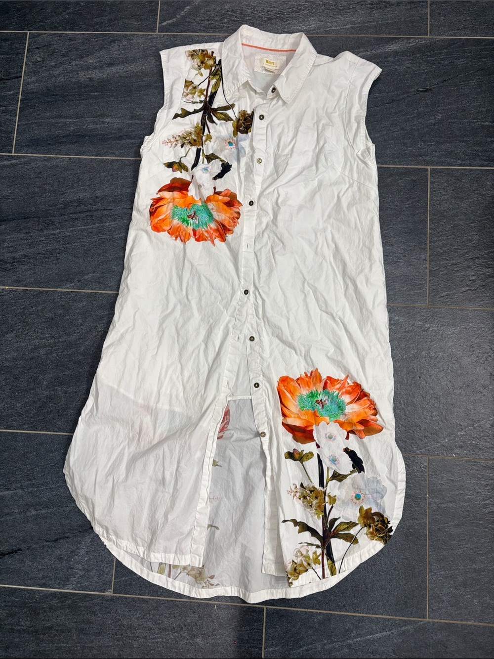 Maeve Sleeveless White Floral Button-Front Midi Dress